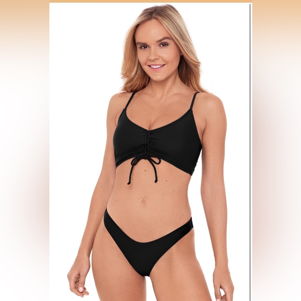 Sports Illustrated Swim Bikini Top Black XL Women's Shirred Tie Midkini Top B4 - Picture 4 of 6